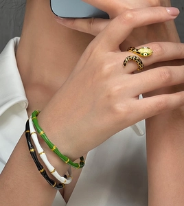 Detail of bamboo texture bangles and snake ring with enamel finish in green, white and black