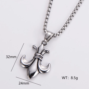Detail showing 32mm fleur-de-lis pendant dimensions and 8.5g weight on silver chain