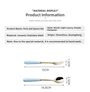 Detailed view of light luxury gold stainless steel spoon and fork with ceramic handles