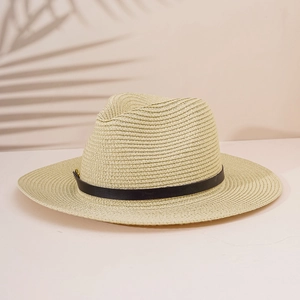 Breathable beige woven straw fedora hat with black leather band and wide flat brim