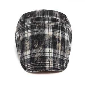 Vintage plaid washed cotton flat cap with black and white tartan pattern for men and women
