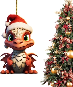 Ornement de Noël plat en acrylique avec dragon de dessin animé rouge et cordon doré