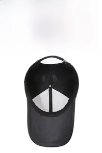 Detail view of the breathable six-panel structure and reinforced seams of a black baseball cap