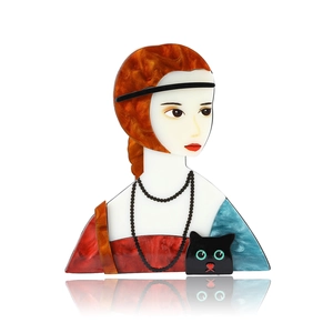 Artistic acrylic girl with black cat brooch pin for suits with marble effect texture