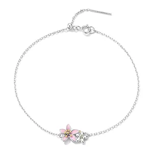 Minimalist S925 sterling silver cherry blossom bracelet with pink enamel charms