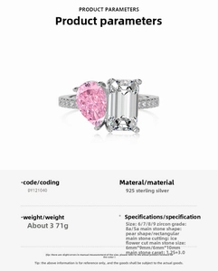 Détail d'une bague en argent S925 avec zircons rose poire et rectangulaire glacés