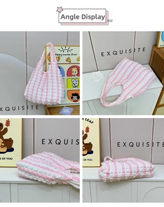 Detail view showing textured bubble fabric and pink striped pattern of the tote bag