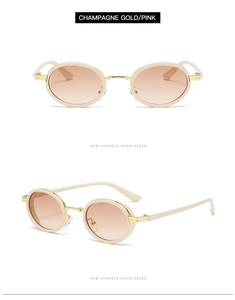 Detail view of retro oval sunglasses in champagne gold with pink gradient lenses
