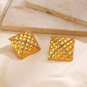 Quilted Square Stud Earrings Stainless Steel Gold Plated Geometric Rhombus Pattern Chic Vintage Fashion Jewelry For Women