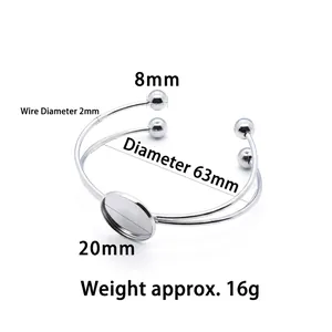 Silver stainless steel double ball open bracelet with 20mm round bezel setting tray