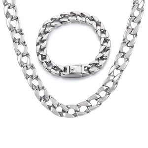 Men Cuban Link Necklace And Bracelet Stainless Steel Silver Color Punk Hip Hop Style Heavy Metal Jewelry