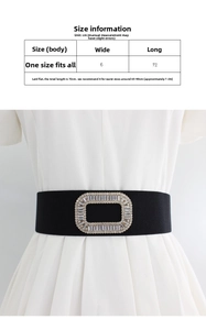 Detailed size chart showing 6cm width and 72cm length for elastic rhinestone waist belt