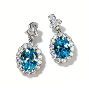 Elegant S925 sterling silver aquamarine dangle earrings with oval halo crystals