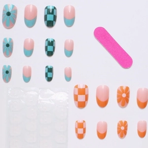 24pcs French daisy and plaid press-on nail kit with adhesive tabs and nail file