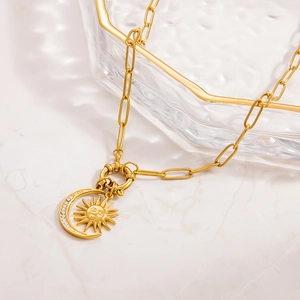 18K gold plated sun and moon pendant necklace with cubic zirconia on paperclip chain