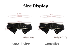 Size chart for rivet waist belt showing dimensions and stretchable elastic length details