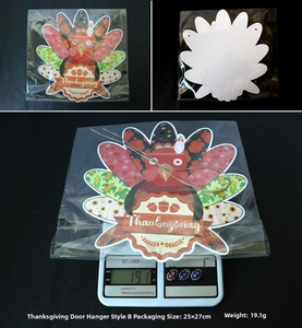 Detail of colorful Thanksgiving turkey door sign with twine and 19.1g weight scale display