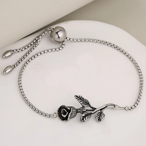 French vintage stainless steel adjustable bracelet with 3D rose and square pearls