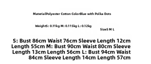 Detailed size chart for blue polka dot puff sleeve blouse showing S M L dimensions