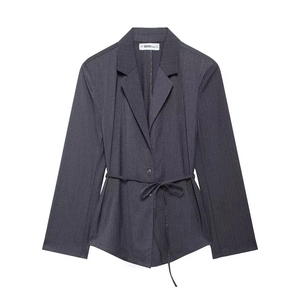 Women Dark Gray Pinstripe Blazer Jacket Polyester Belted Single Breasted Lapel Long Sleeve Office Elegant Formal