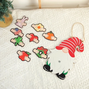 Wooden gnome wall hanging set with 8 interchangeable seasonal icons and jute rope