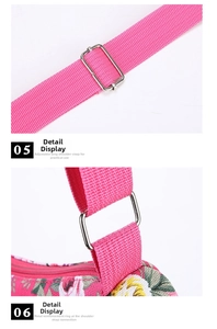 Detail of adjustable pink woven shoulder strap with durable silver metal buckle and floral bag