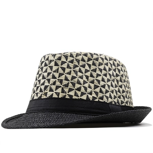 Classic Fedora straw hat with black and white woven pattern and elegant black brim
