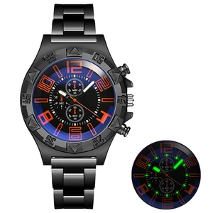 Luminous men's quartz sports watch with blue dial and black steel strap on white background