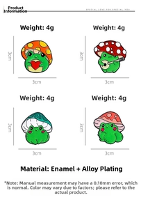 Detail view of 3x3cm cute frog enamel pins with colorful mushroom hats and guitars