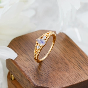 Vintage S925 Sterling Silver Ring 14K Gold Plated Water Drop Labradorite Hollow Pattern Luxury Women Jewelry Ring
