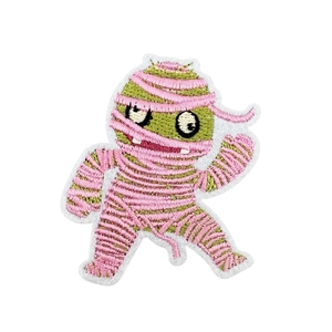 Pink mummy cartoon embroidery patch for Halloween parties with green skin accents