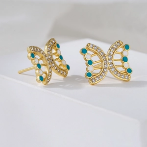 18K gold plated butterfly stud earrings with zircon stones and enamel inlay