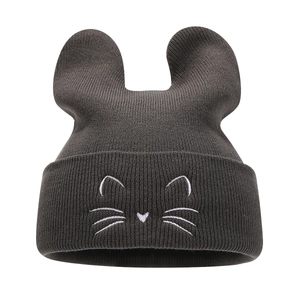 Cute dark grey knit beanie with cat ears and minimalist white facial embroidery