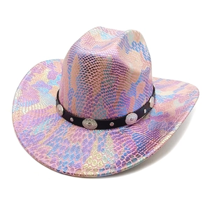 Rainbow laser cowboy hat with snakeskin texture and silver studded black leather band