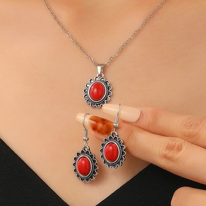 Parure de bijoux rétro bohème en argent avec pendentifs goutte rouge et boucles d'oreilles