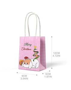 Size diagram of small pink Christmas gift bag with cartoon dog and festive pattern