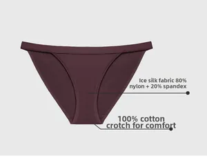Detail of ice silk fabric and pure cotton crotch lining on dark purple low-rise panties