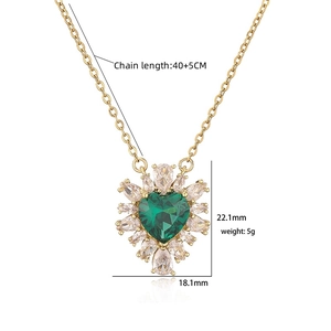 Detail view of heart emerald necklace with white zircon halo and 45cm chain dimensions