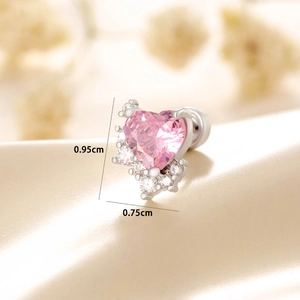 Pink heart zircon stud earrings in titanium steel with measurements 0.95cm by 0.75cm