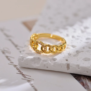 Minimalist gold chain ring with micro-set zircon accents and adjustable open design