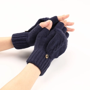 Dettaglio guanti in maglia blu scuro con bottone in legno e copertura superiore morbida