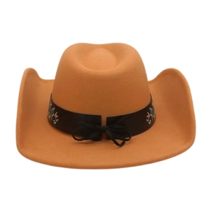 Close-up of ethnic floral embroidery and bow on a brown felt western cowboy hat