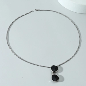 Hip hop style silver stainless steel chain necklace with black sunglasses pendant for men