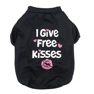 Detail of black pet vest featuring I Give Free Kisses print with pink hearts