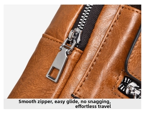 Close-up of brown lychee grain leather chest bag showing silver zipper and stitching