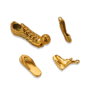 3D golden stainless steel shoe charms including soccer cleat, ballet and skate pendants