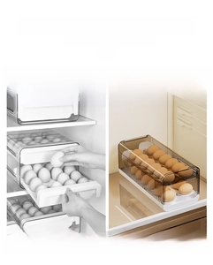 Comparison showing organized egg storage box with automatic rolling design in refrigerator