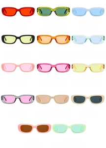 Matrix display of 14 rectangle sunglasses in various translucent and jelly colors