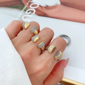 Luxury gold and silver industrial style nut rings with micro-pave cubic zirconia crystals