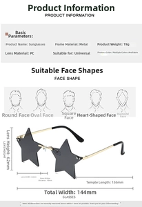 Detailed size specifications for irregular star-shaped rimless party sunglasses